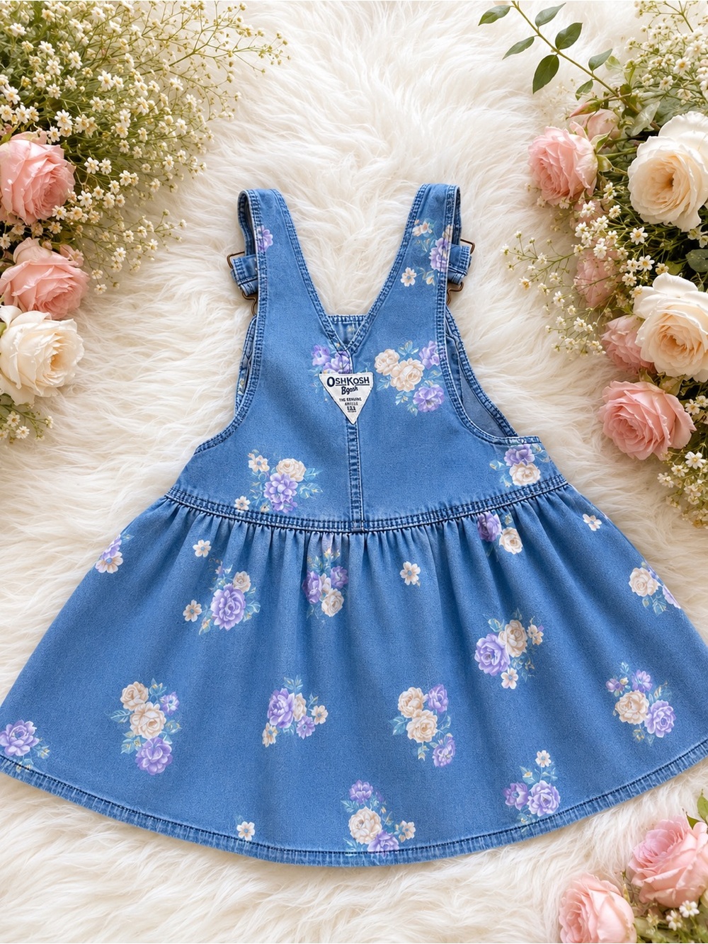 OshKosh Floral Denim Pinafore Dress - Blue with Purple & Cream Flowers